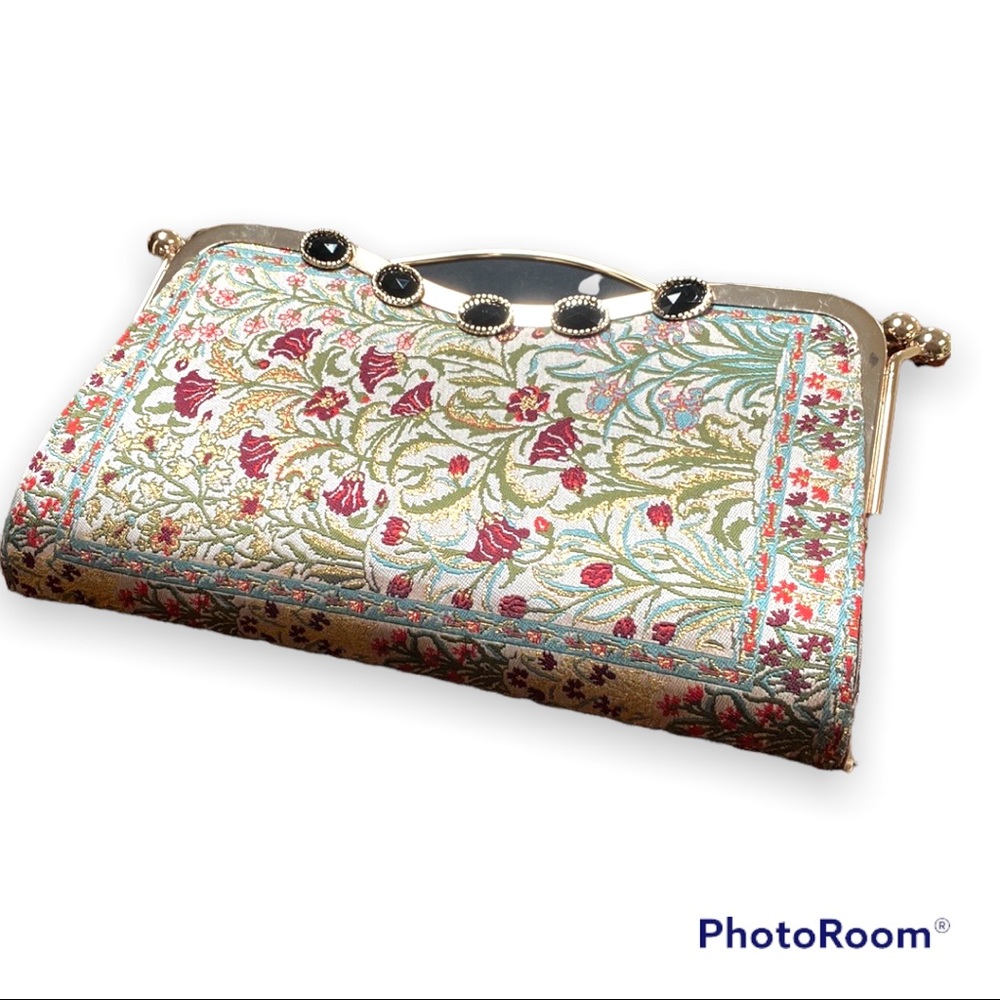 Vintage floral and gold print clutch with metal handle